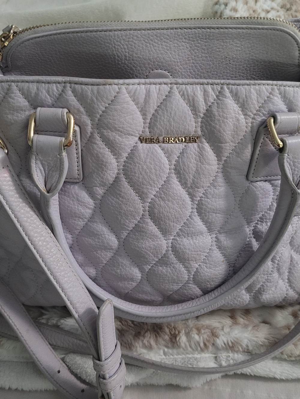 Vera Bradley Quilted Lavender Leather Satchel Crossbody Bag Gold Hardware